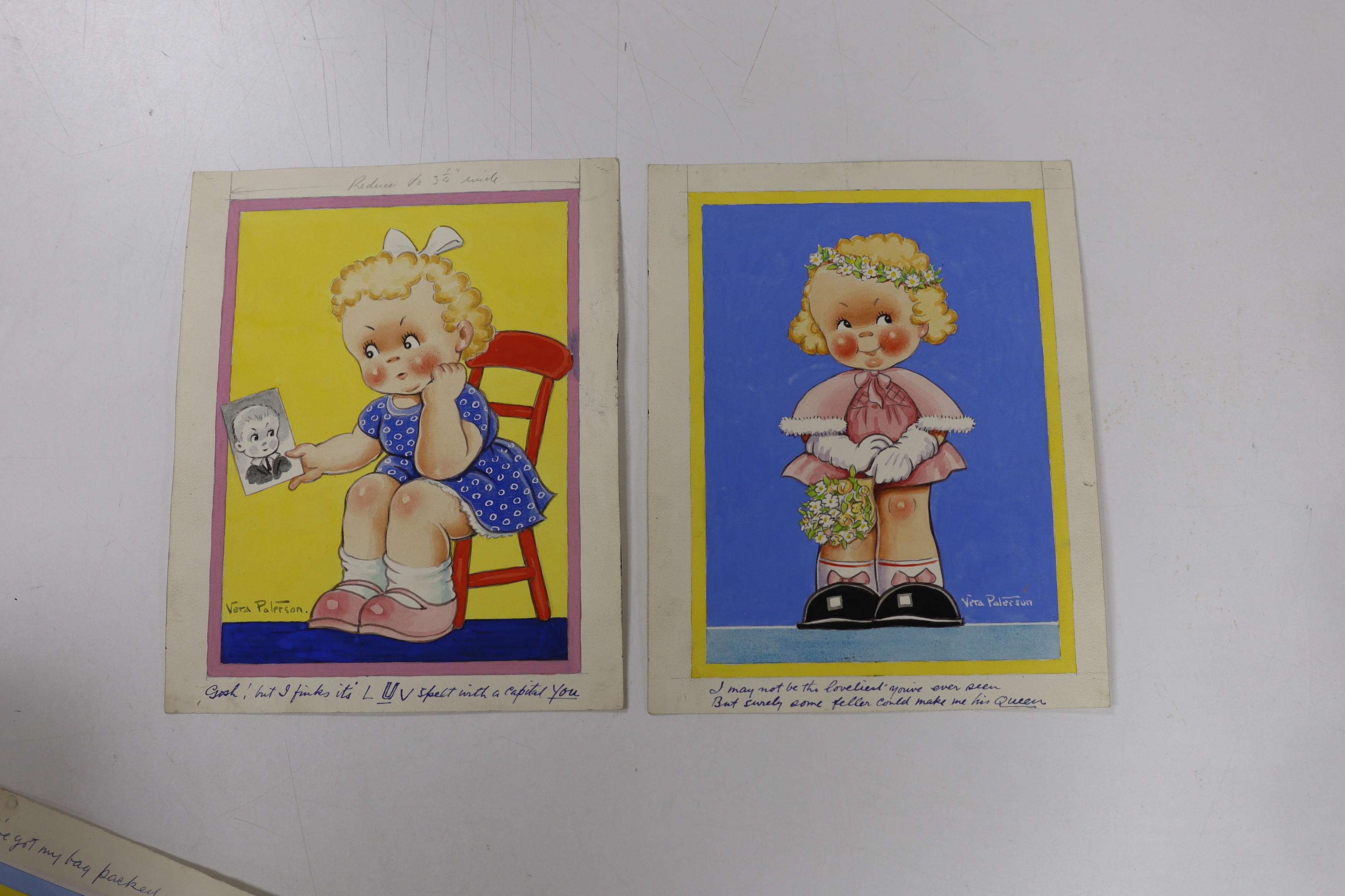 Reg Maurice (Aka. Vera Paterson), set of six original watercolours on card for postcard designs, Humorous children, each signed and inscribed, largest 32 x 23cm, unframed